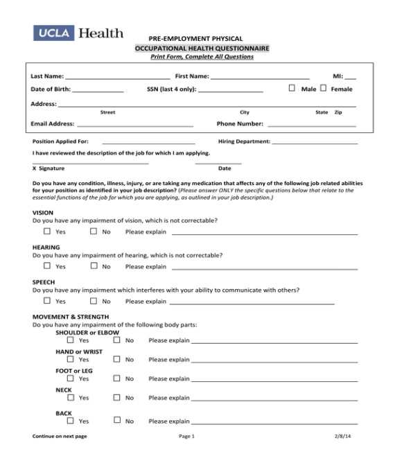 Pre Employment Medical Questionnaire Template