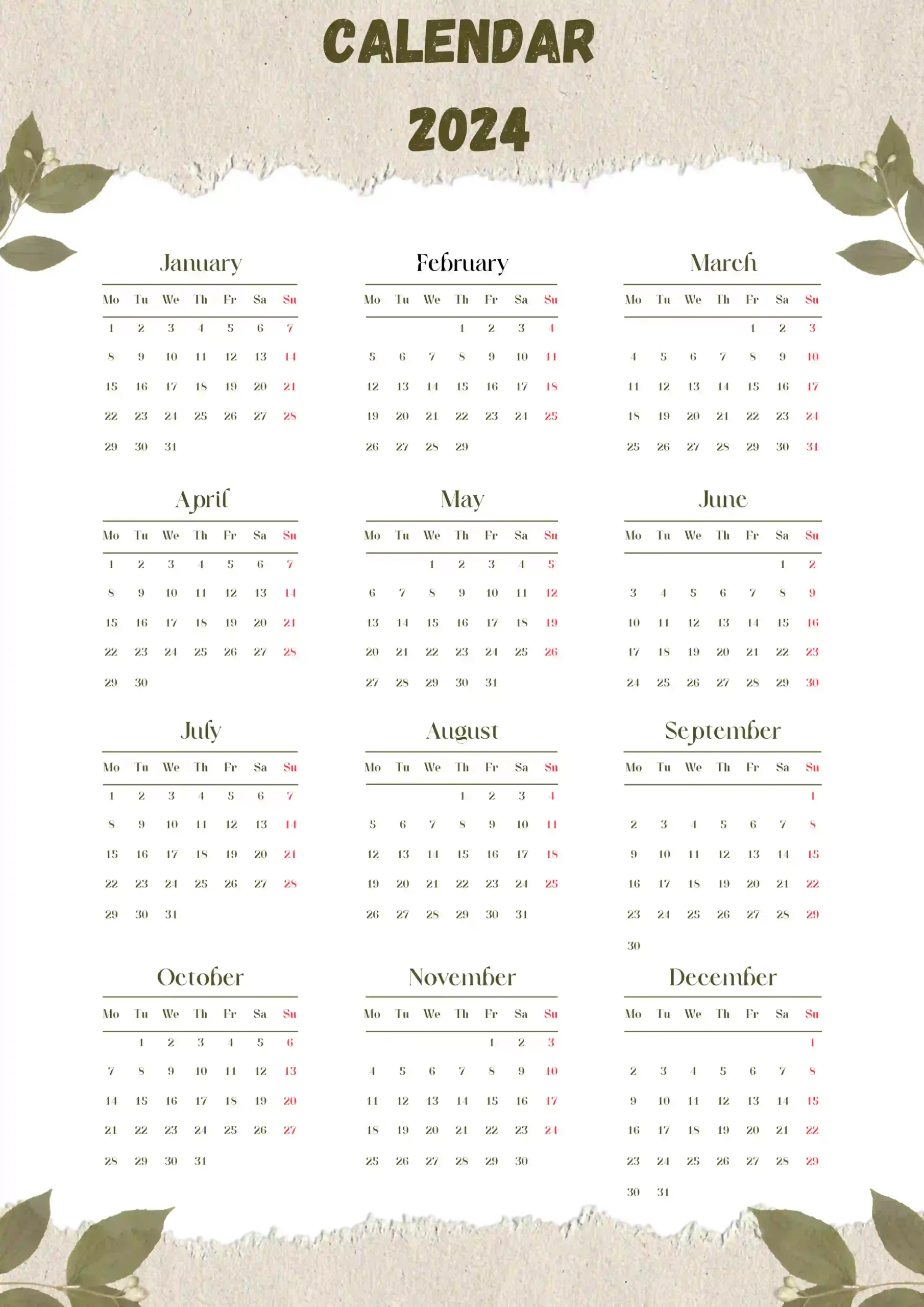 12 Month Calendar Template Word