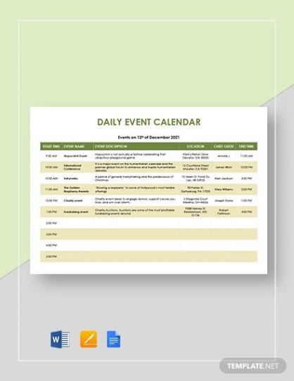 Daily Event Calendar Template Pdf Sample