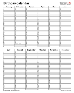 Free Printable Annual Birthday And Anniversary Calendar Template Excel Example