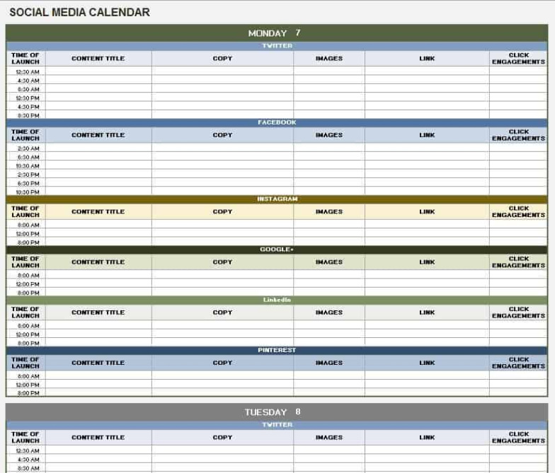 free  social media publishing calendar template excel