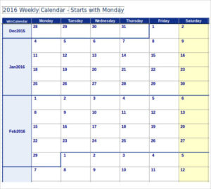 Office Weekly Calendar Template Doc Sample