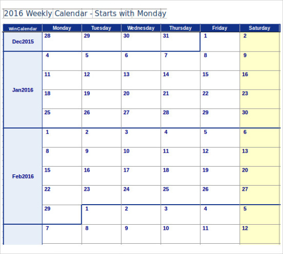 Office Weekly Calendar Template Doc Sample