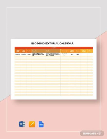 Editable Blog Editorial Calendar Template Doc Sample