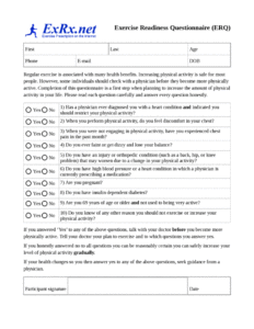 editable an exexent question sheet with the words exexence and questions in it health and fitness questionnaire template pdf