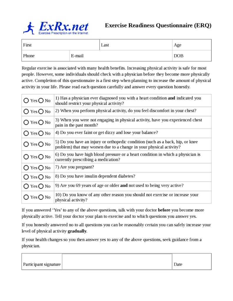 editable an exexent question sheet with the words exexence and questions in it health and fitness questionnaire template pdf