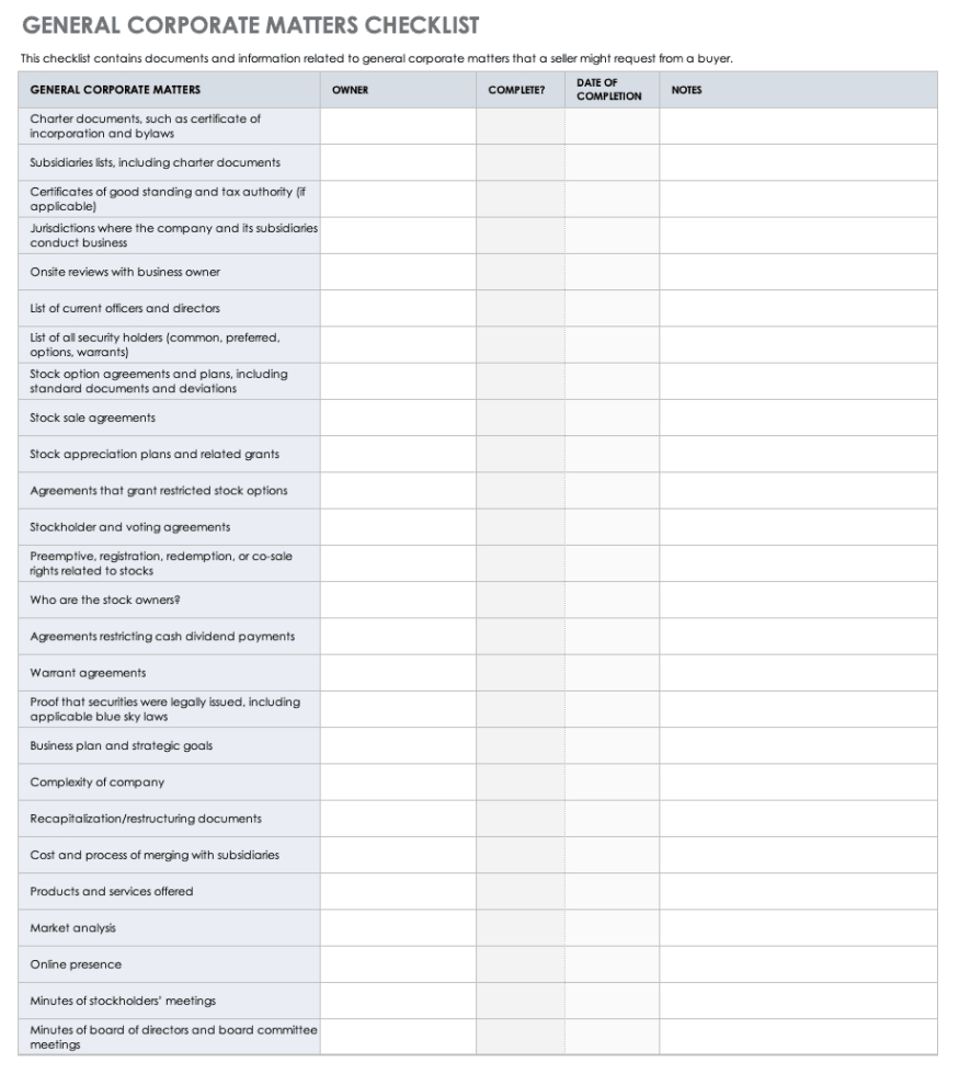 editable due diligence types roles and processes  smartsheet tax due diligence questionnaire template pdf