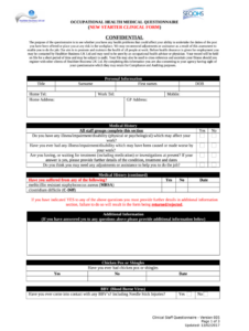 editable occupational health medical questionnaire new starter  doc template post employment medical questionnaire template pdf