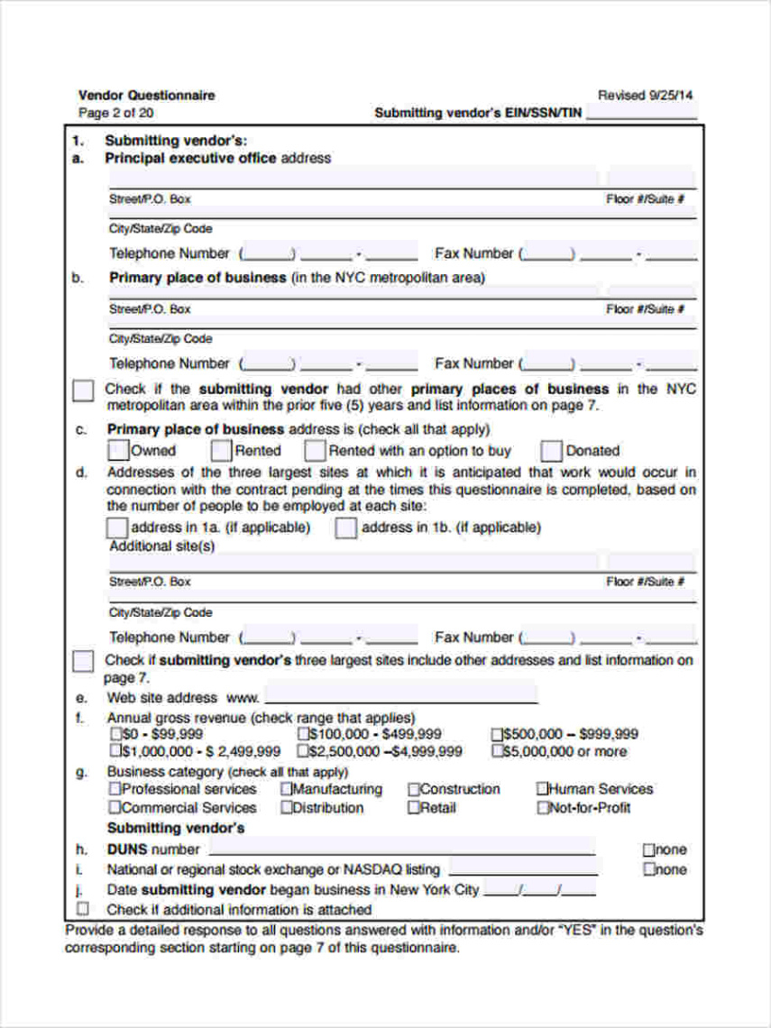 free 8 vendor questionnaire forms in pdf vendor risk assessment questionnaire template example