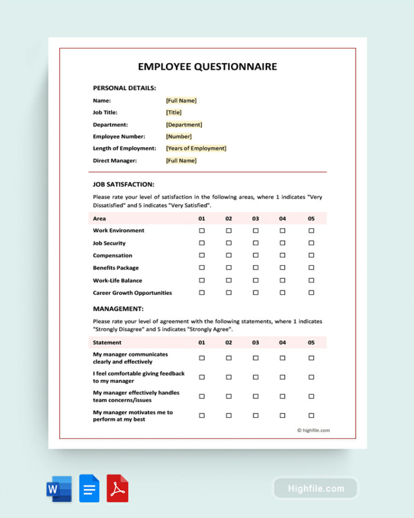 free employee questionnaire and survey templates  docformats getting to know your employees questionnaire template word