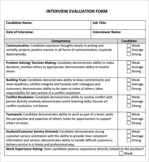 free interview evaluation  5 free download for pdf  evaluation form job interview interview questionnaire template excel