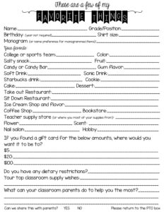 free secret santa information form  teacher favorite things teacher first day of school questionnaire template doc