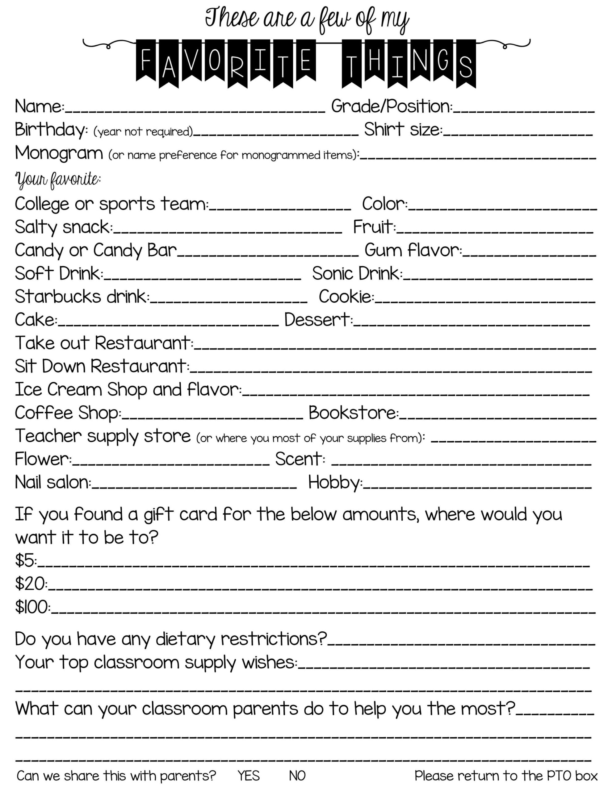 free secret santa information form  teacher favorite things teacher first day of school questionnaire template doc