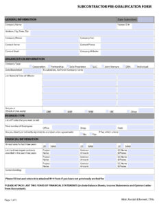 free subcontractor checklist template  tutore  master of documents construction pre qualification questionnaire template pdf