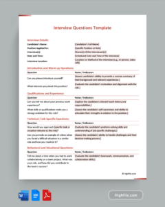 interview questions template  word  pdf  google docs  highfile job interview interview questionnaire template pdf