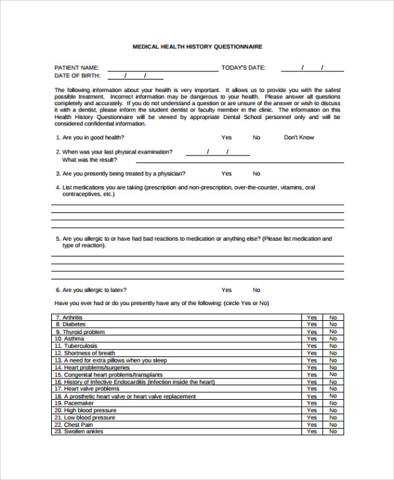 medical questionnaire template health questionnaire for employees template example