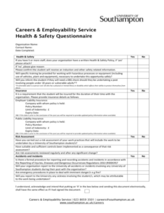 printable health  safety questionnaire health and safety questionnaire for employees template doc