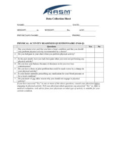 sample nasm par q form  data collection sheets google forms physical activities par q health questionnaire template sample