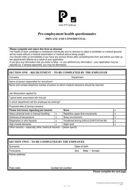 sample preemployment health questionnaire pre employment screening questionnaire template pdf