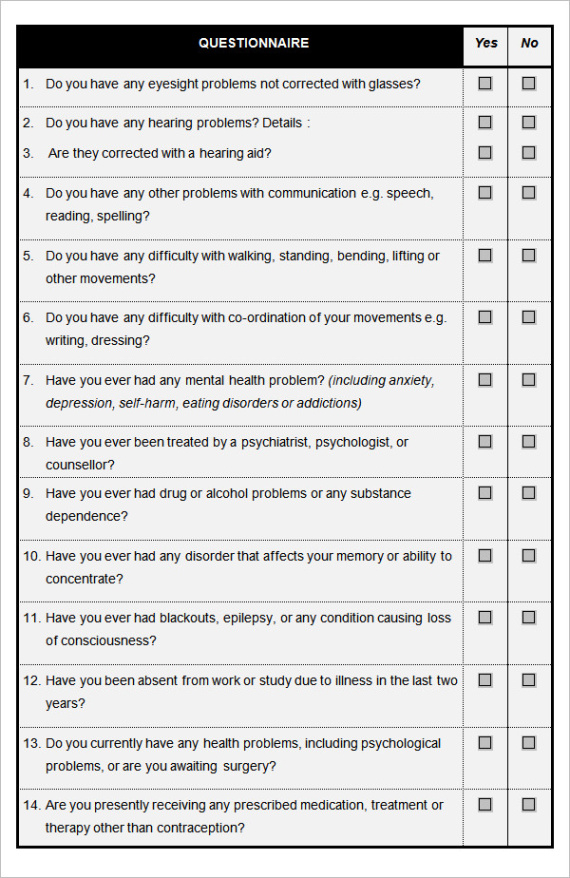 sample template employment health questionnaire  essaeminhaarte post employment medical questionnaire template doc