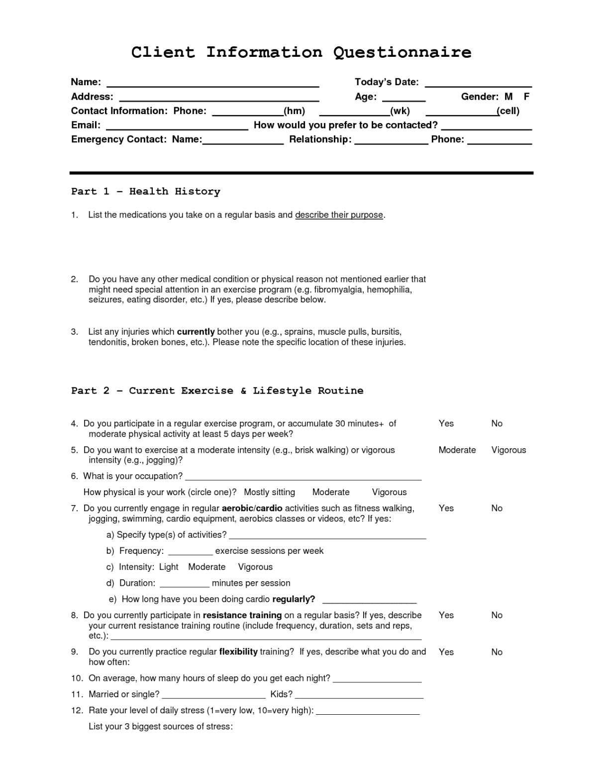 workout questionnaire  blog dandk personal training pre exercise questionnaire template sample