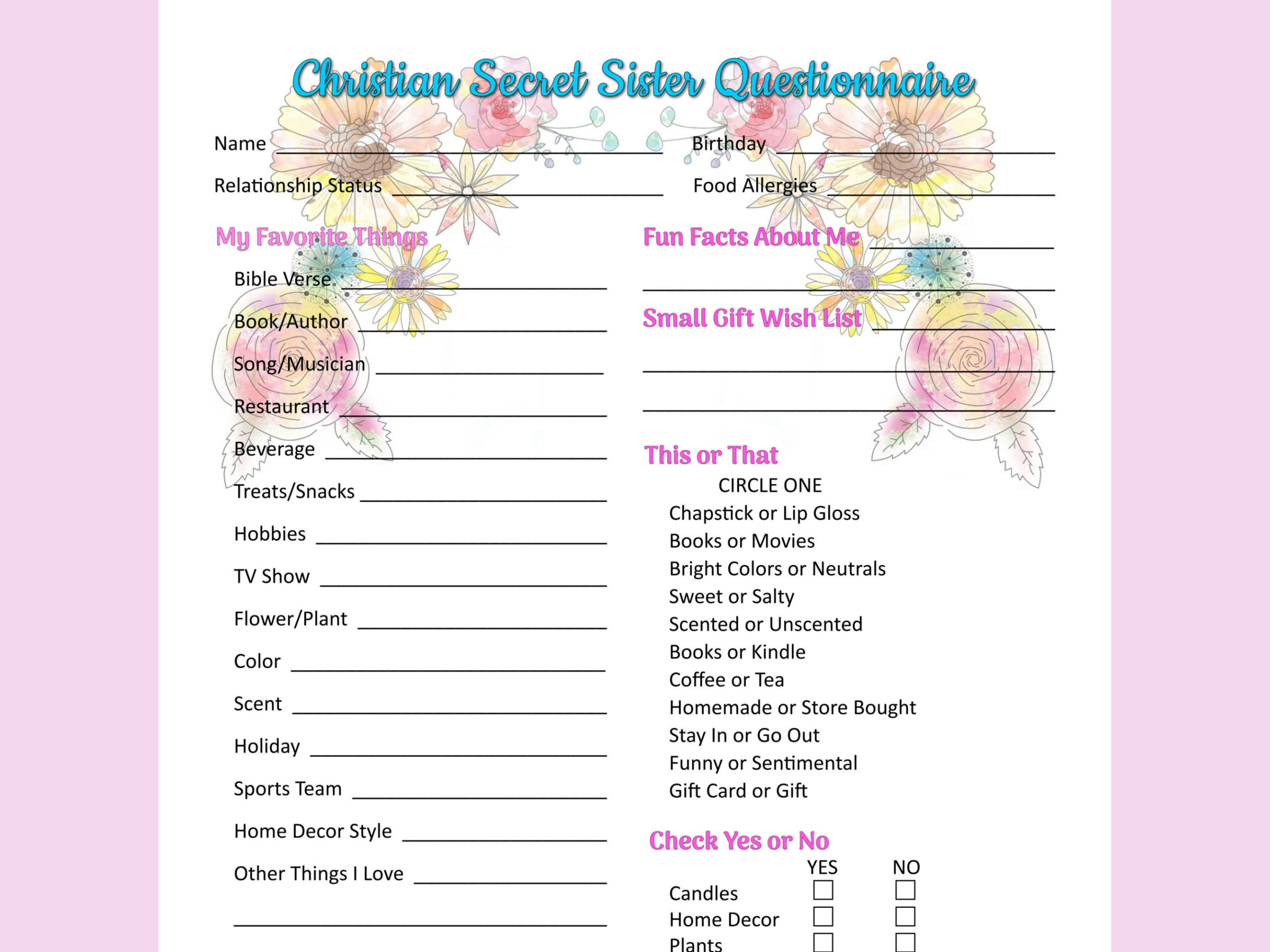editable christian secret sister questionnaire for church womens ministry secret sister questionnaire template pdf