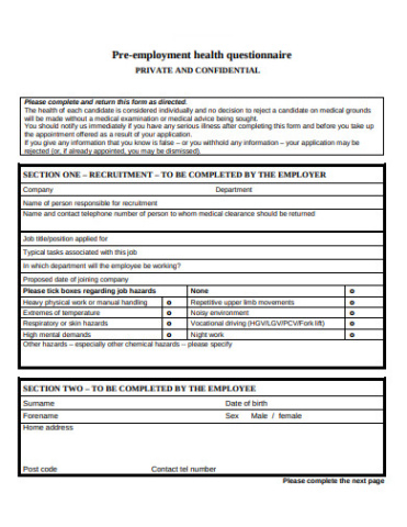 editable new employee questionnaire template  prntblconcejomunicipaldechinugovco occupational health questionnaire template excel