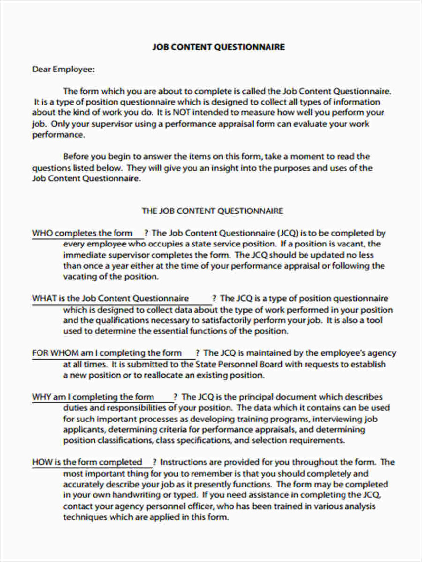 free 8 job questionnaire forms in pdf  ms word job reference questionnaire template excel