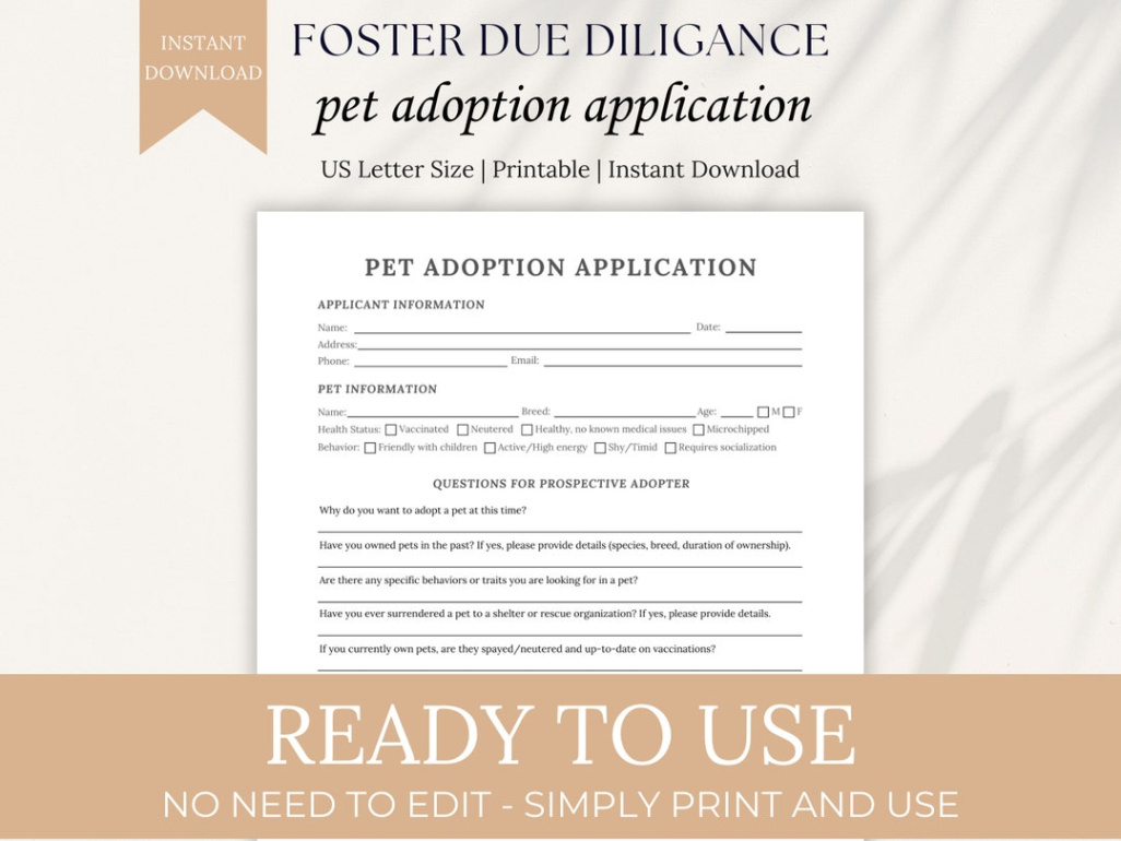 free foster care due diligence form pet adoption application vet prospective adopters dog adoption dog adoption questionnaire template pdf