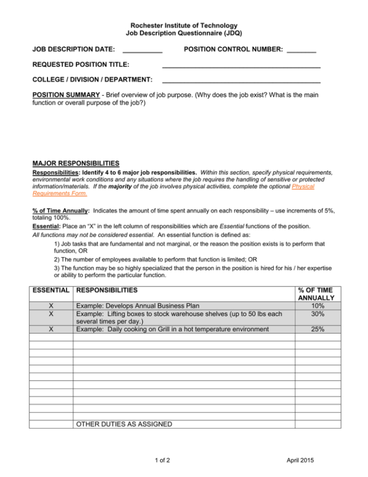 free job description questionnaire jdq job description questionnaire template doc
