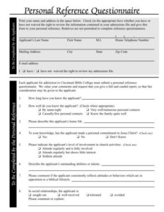 free personal reference questionnaire job reference questionnaire template
