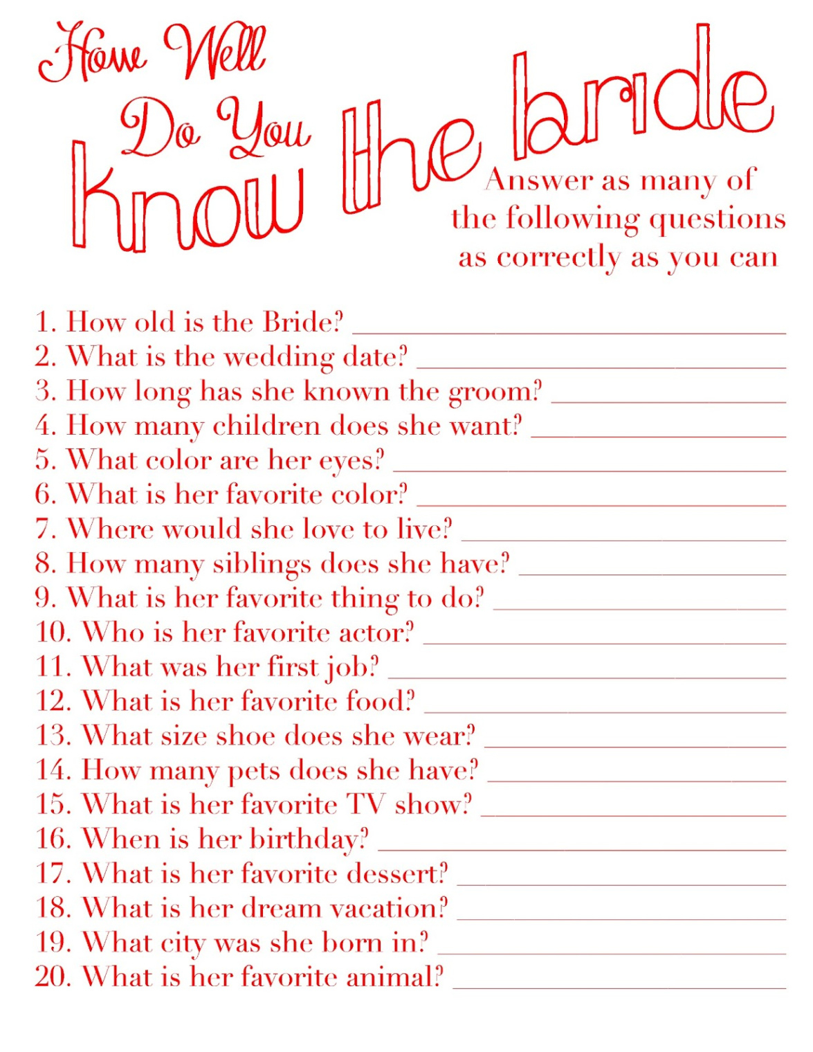 free printable wedding shower games bridal party questionnaire template word