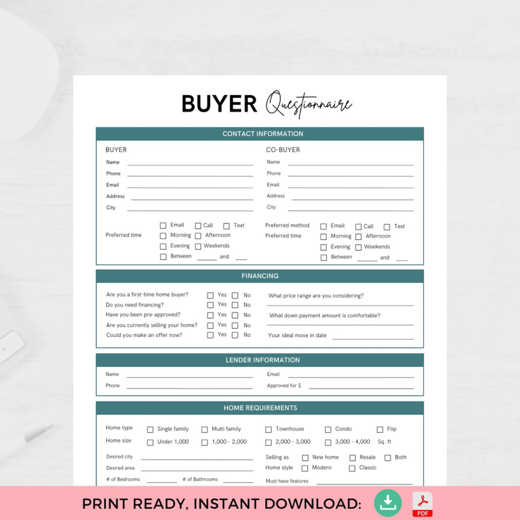 free ready to print real estate buyer questionnaire template home  etsy home buyer questionnaire template sample