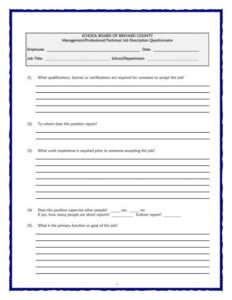 job description questionnaire for management positions job description questionnaire template word