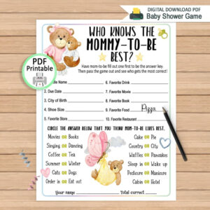 momtobe printable game who knows the mom to be best teddy bear themed baby shower baby shower questionnaire template doc
