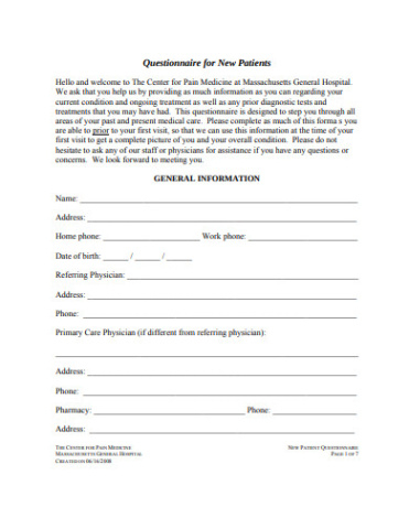 printable 21 patient questionnaire templates in pdf  doc new patient questionnaire template example
