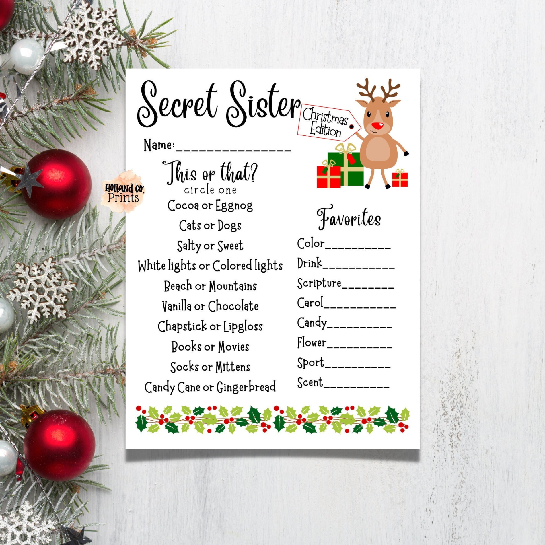 printable christmas secret sister printable secret santa questionnaire  etsy secret sister questionnaire template pdf
