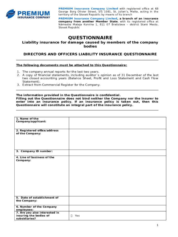 printable directors and officers liability insurance questionnaire doc template  pdffiller life insurance questionnaire template pdf