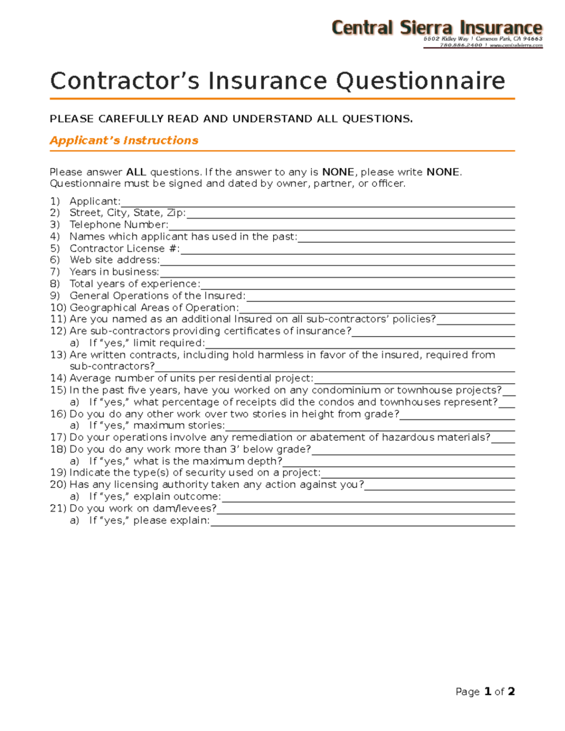 printable janyperezinsurance questionnaire 21  contractor&amp;#039;s insurance questionnaire please carefully life insurance questionnaire template pdf