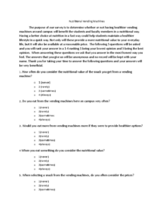 sample healthier vending machines  nutritional vending machines the purpose vending machine survey questionnaire template doc
