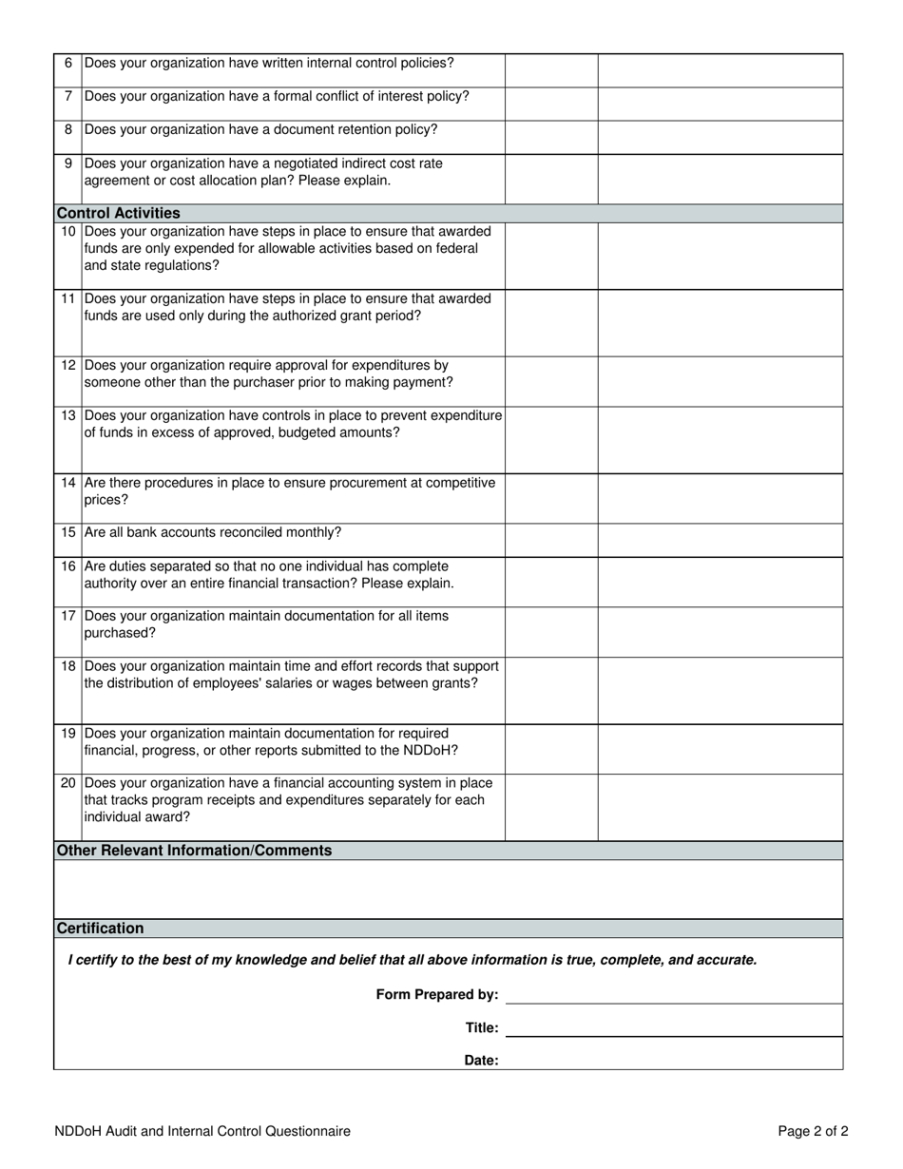 sample north dakota audit  internal control questionnaire  fill out sign online and download pdf internal control questionnaire template sample