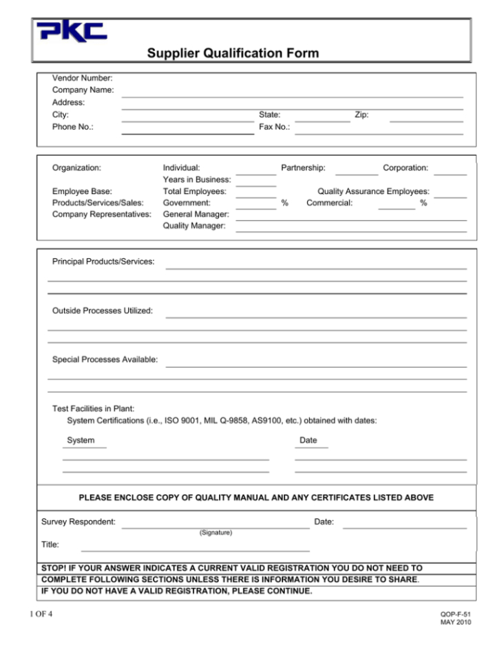 supplier qualification form supplier pre qualification questionnaire template sample